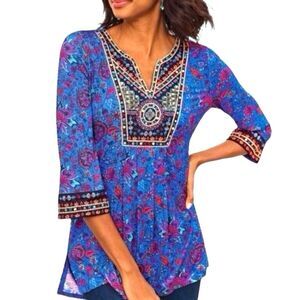 Soft Surroundings NEW Size Small Blue Floral Beaded Tamuri Tunic Top 3/4 Sleeve